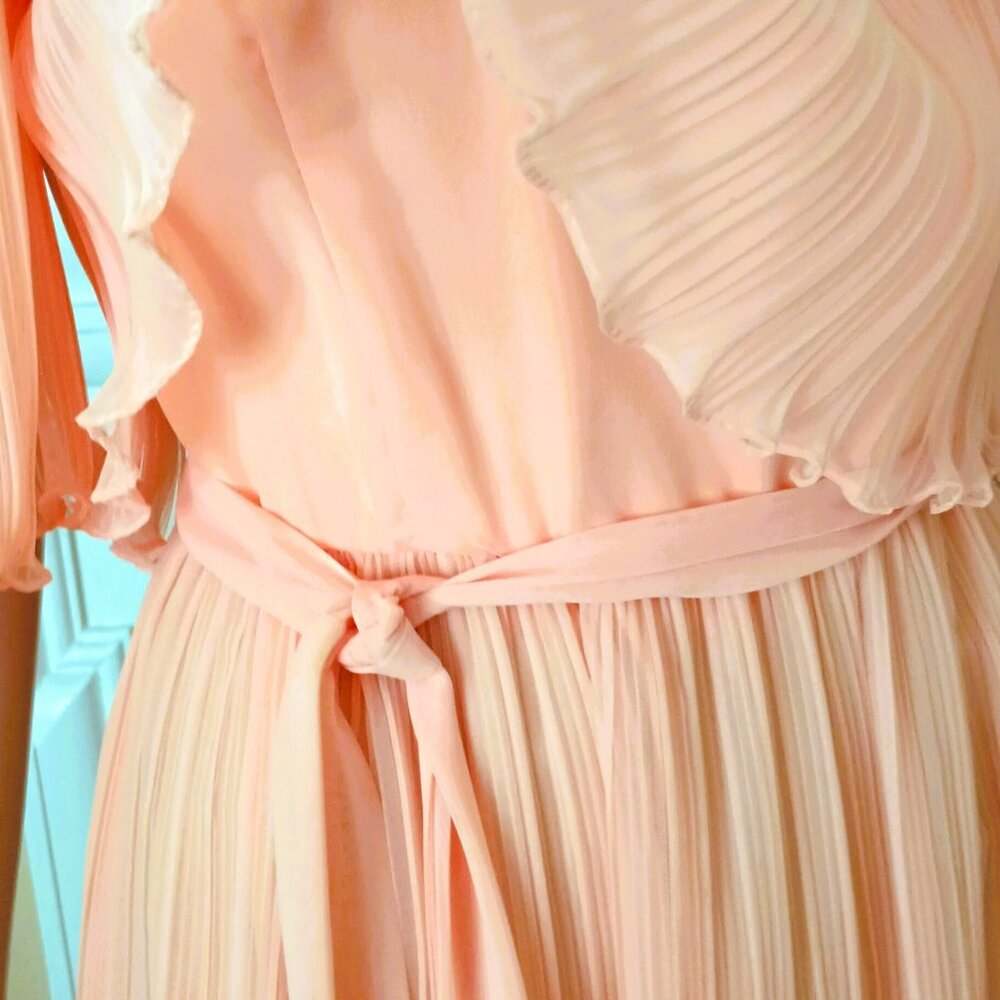 VTG Miss Elliette Peach Accordion Crepe Chiffon Cape Evening Gown Formal Dress - Picture 3 of 14